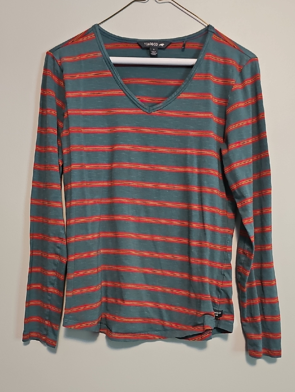 Toad&Co Teal Long-Sleeve V-Neck Top Blue with Orange Stripes
